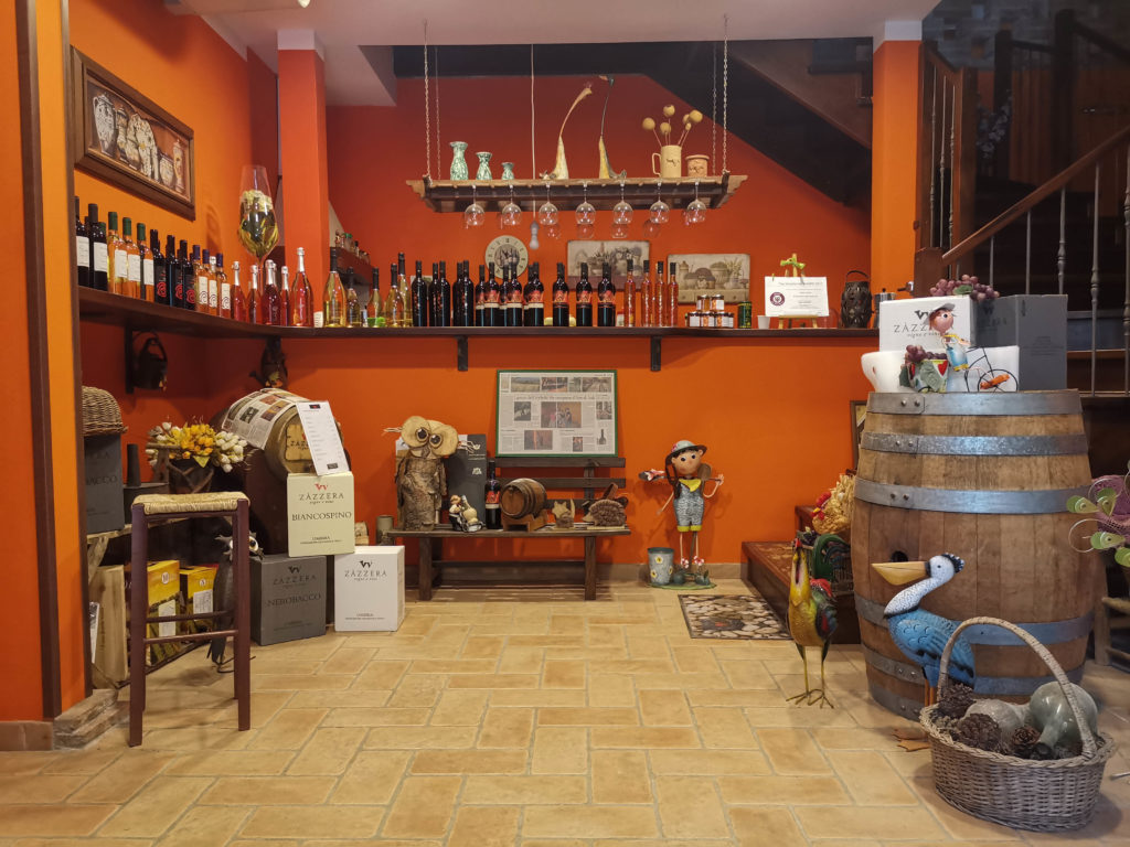 Ingresso della cantina, con i vini Zazzera esposti sul bancone, sedute per la degustazione ed elementi decorativi particolari (fiori di campo, vasi, gufo di legno, piccole statue di animali e persone)